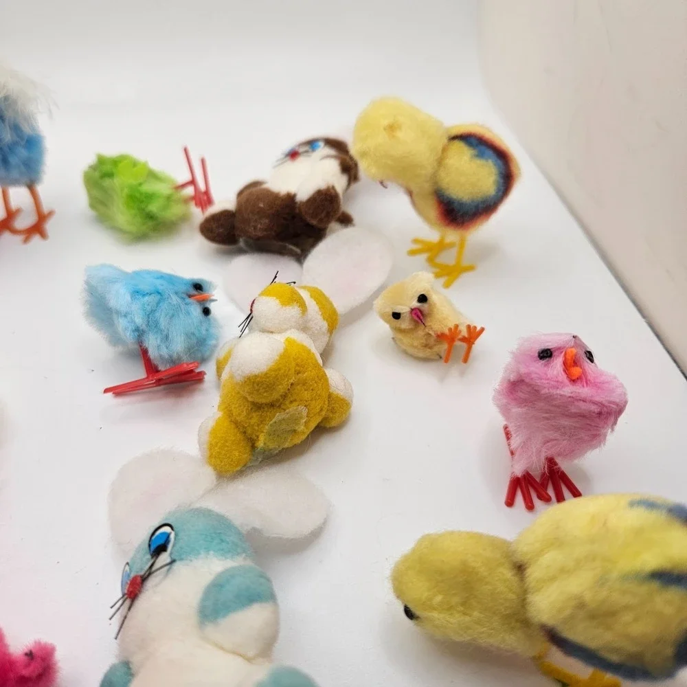 Vintage Flocked Easter Bunny & Chick Lot Feather Chicks Japan Style Spring Decor